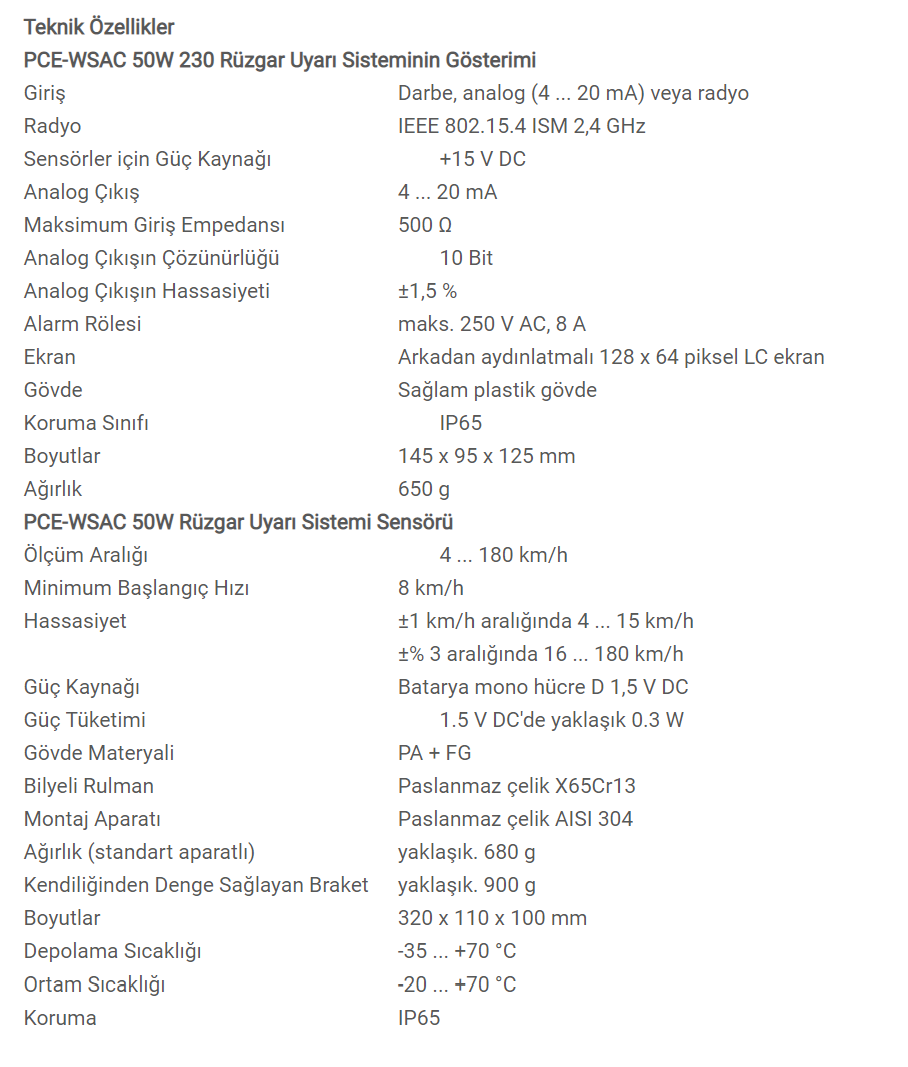 PCE-WSAC 50W 230 Rüzgar Uyarı Sistemi