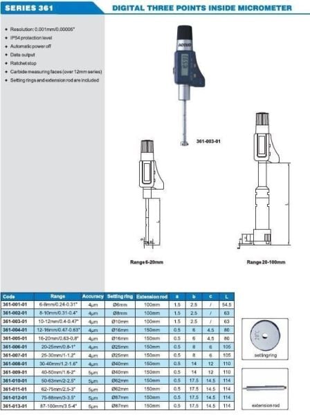 Accud Dijital 3 Ayaklı Mikrometre 361 Serisi 50-63mm