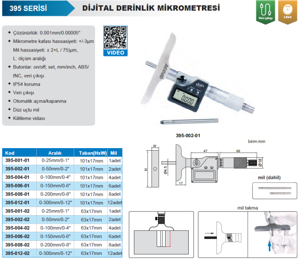 Accud Dijital Derinlik Mikrometresi 395 Serisi 0-25 mm - 101.5x17mm