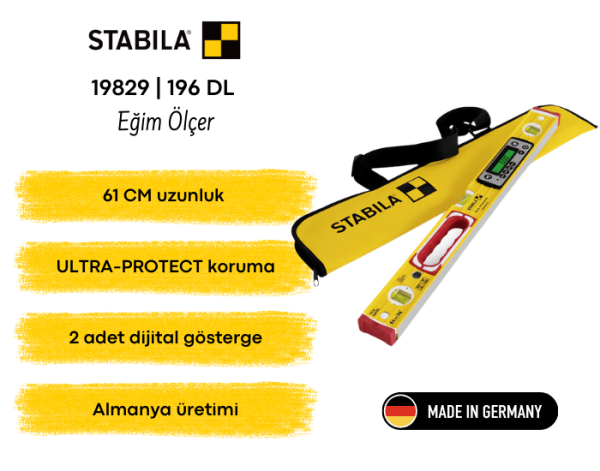 Stabila 19829 TECH 196 DL Elektronik Eğim Ölçer Su Terazisi 61cm