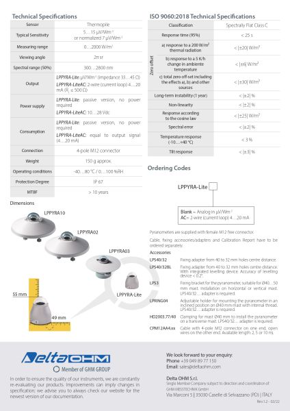 DeltaOhm LP PYRA-LITE PAYRONOMETRE, GÜNEŞ IŞINIM ÖLÇER