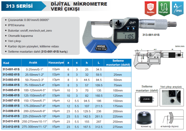 Accud IP65 Dijital Dış Çap Mikrometresi Veri Çıkışlı 313 S Serisi 50-75 mm