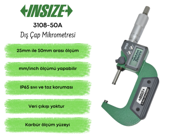 İnsize 3108-50A Dış Çap Dijital Mikrometresi | 25-50 mm