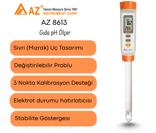 AZ 8613 Gıda pH Ölçer | Değiştirilebilir Problu | Sivri Uçlu