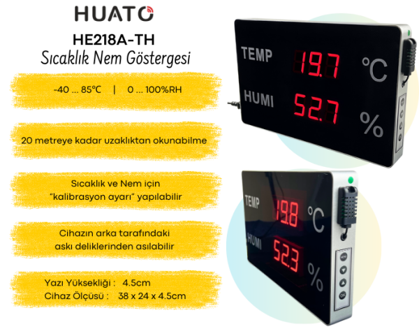 HE218A-TH Büyük LED Ekranlı Endüstriyel Sıcaklık ve Nem Ölçer
