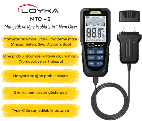 MTC-3 Manyetik ve İğne Problu 2-in-1 Nem Ölçer | Ahşap ve Beton