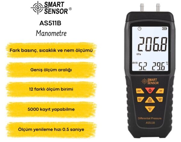 Smart Sensor AS511B Dijital Fark Basınç Manometresi | 29.99 PSI