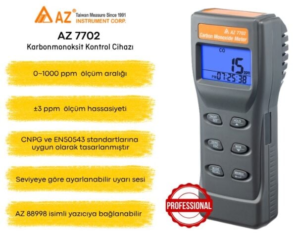 AZ 7702 Yüksek Hassasiyetli Profesyonel Karbonmonoksit (CO) Ölçer