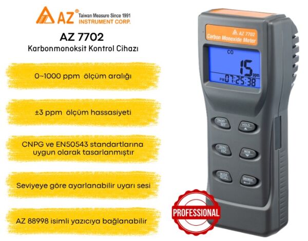 AZ 7702 Yüksek Hassasiyetli Profesyonel Karbonmonoksit (CO) Ölçer