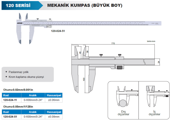 ACCUD 120-024-51 Mekanik Kumpas 120 Serisi - 0-600mm 0.05mm