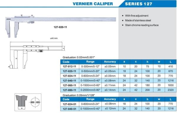 ACCUD 127-024-11 Mekanik Kumpas 127 Serisi 100mm - 0.02mm - 0-600mm