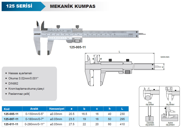 ACCUD 125-005-11 Mekanik Kumpas 125 Serisi - Hassas Ayarlamalı 0-130mm