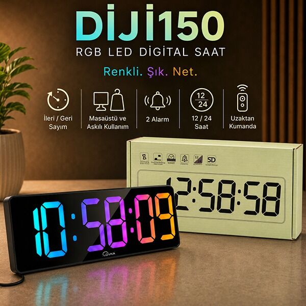 DİJİ150 RGB Renkli Büyük Ekranlı Dijital Saat | Uzaktan Kumandalı