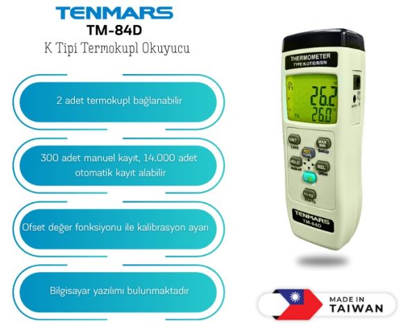Tenmars TM-84D Kayıt Özellikli 2 Kanallı Termokupl Termometre | K, J, T, E, R, S, N Tipi Prob