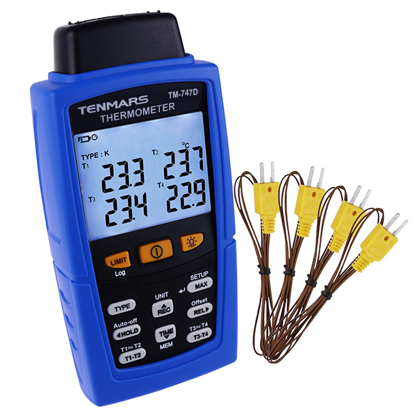 Tenmars TM-747D Kayıt Özellikli 4 Kanallı Termokupl Termometre | K, J, T, E, R, S, N Tipi Prob