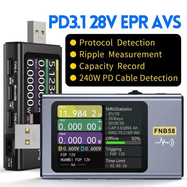 FNIRSI FNB58 USB Test Cihazı | Type-C PD, QC, 140W Güç ve Kablo Ölçümü