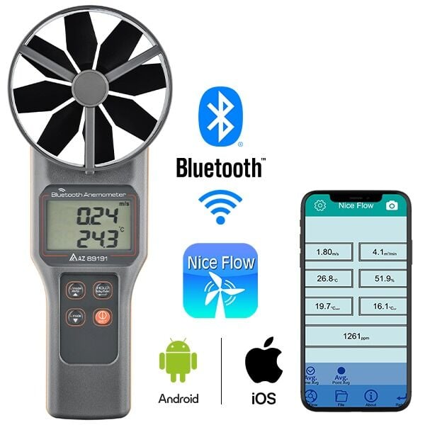 AZ 89191 Bluetooth Anemometre | Hava Hızı, Debi, CO₂, Nem ve Sıcaklık