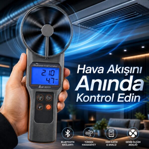AZ 89191 Bluetooth Anemometre | Hava Hızı, Debi, CO₂, Nem ve Sıcaklık