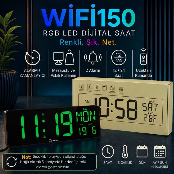 WİFİ150 RGB Büyük Ekranlı Wi-Fi Dijital Duvar Saati | 30 m