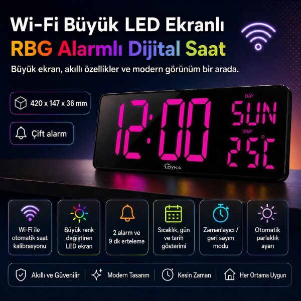 WİFİ150 RGB Büyük Ekranlı Wi-Fi Dijital Duvar Saati | 30 m
