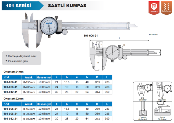 ACCUD 101-006-21 Saatli Kumpas 101 Serisi 0.02mm - 0-150mm