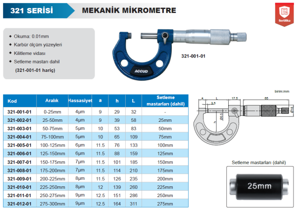 Mekanik Dış Çap Mikrometresi 321 Serisi 150-175 mm