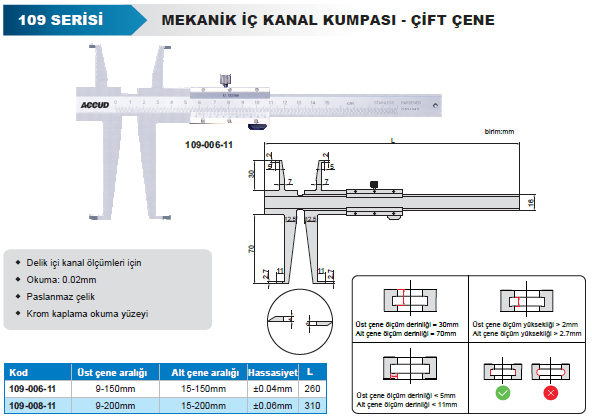 ACCUD 109-006-11 Mekanik İç Çap Kanal Kumpası 109 Serisi - Çift Çene 9-150mm