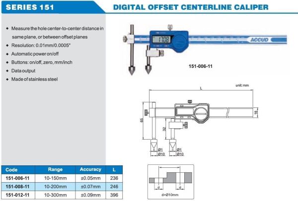 ACCUD 151-012-11 Dijital Merkez Mesafesi Ölçüm Kumpası 151 Serisi 0-300mm