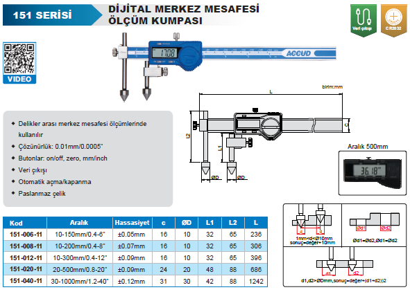 ACCUD 151-040-11 Dijital Merkez Mesafesi Ölçüm Kumpası 151 Serisi 0-1000mm
