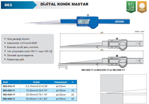 ACCUD 963-020-11 Dijital Konik Ölçüm Kumpası 963 Serisi 10-20mm