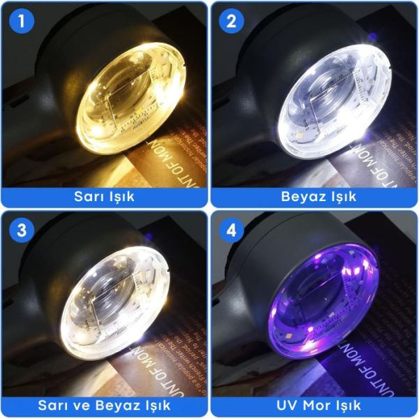 8690 Skalalı Işıklı Büyüteç 30X Şarj Edilebilir | 4 Renkli Led